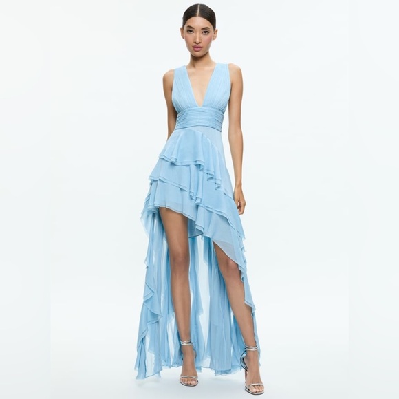 ALICE + OLIVIA Holly Low Neck Asym Ruffled Maxi Dress Mineral Blue Size 4 NWT - Picture 2 of 16